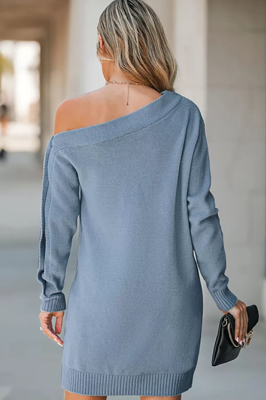 Discount Cupshe Royal One-Shoulder Buttoned Sweater Dress Blue