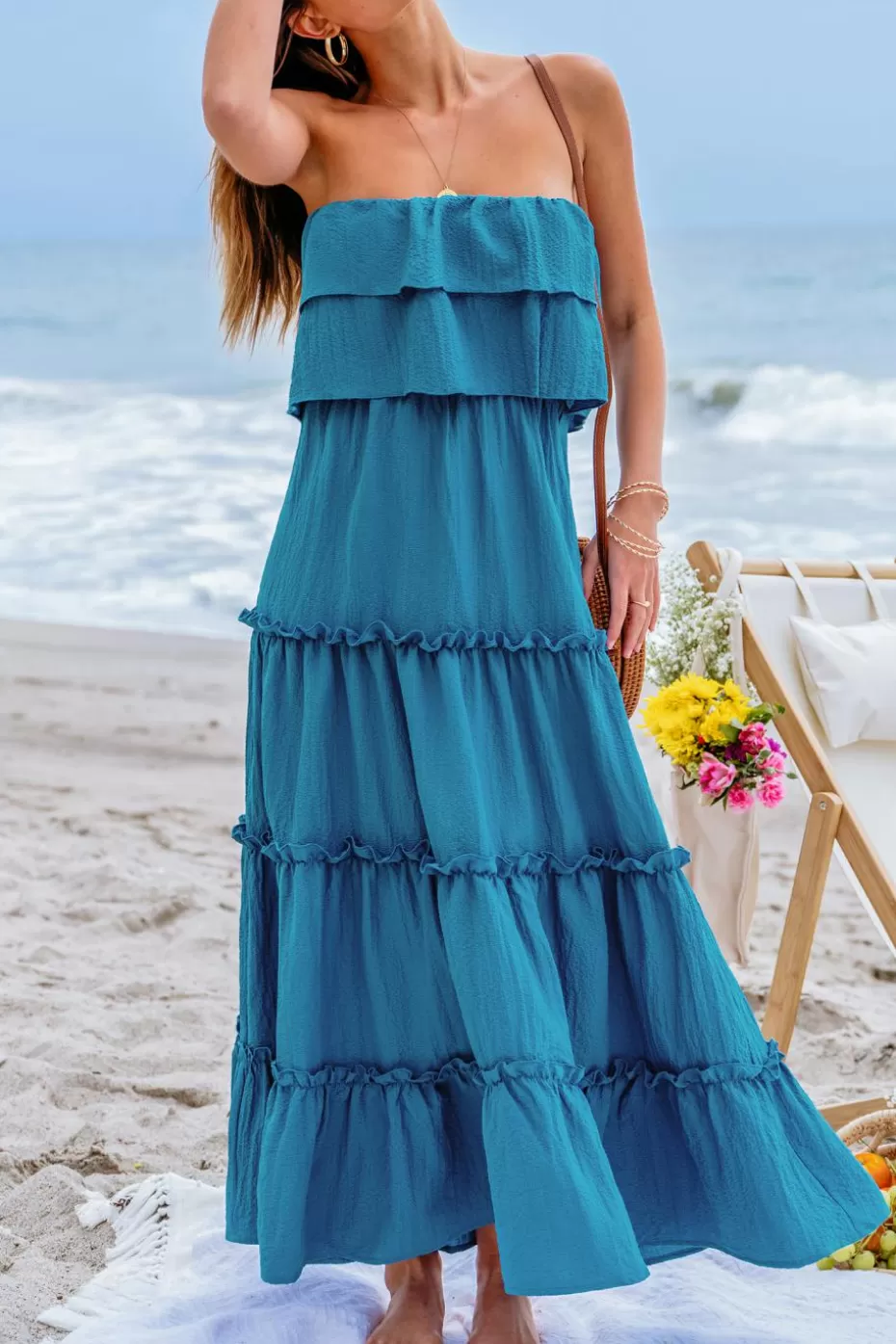 Clearance Cupshe Ruffled Tiered Maxi Tube Dress Blue-Blue
