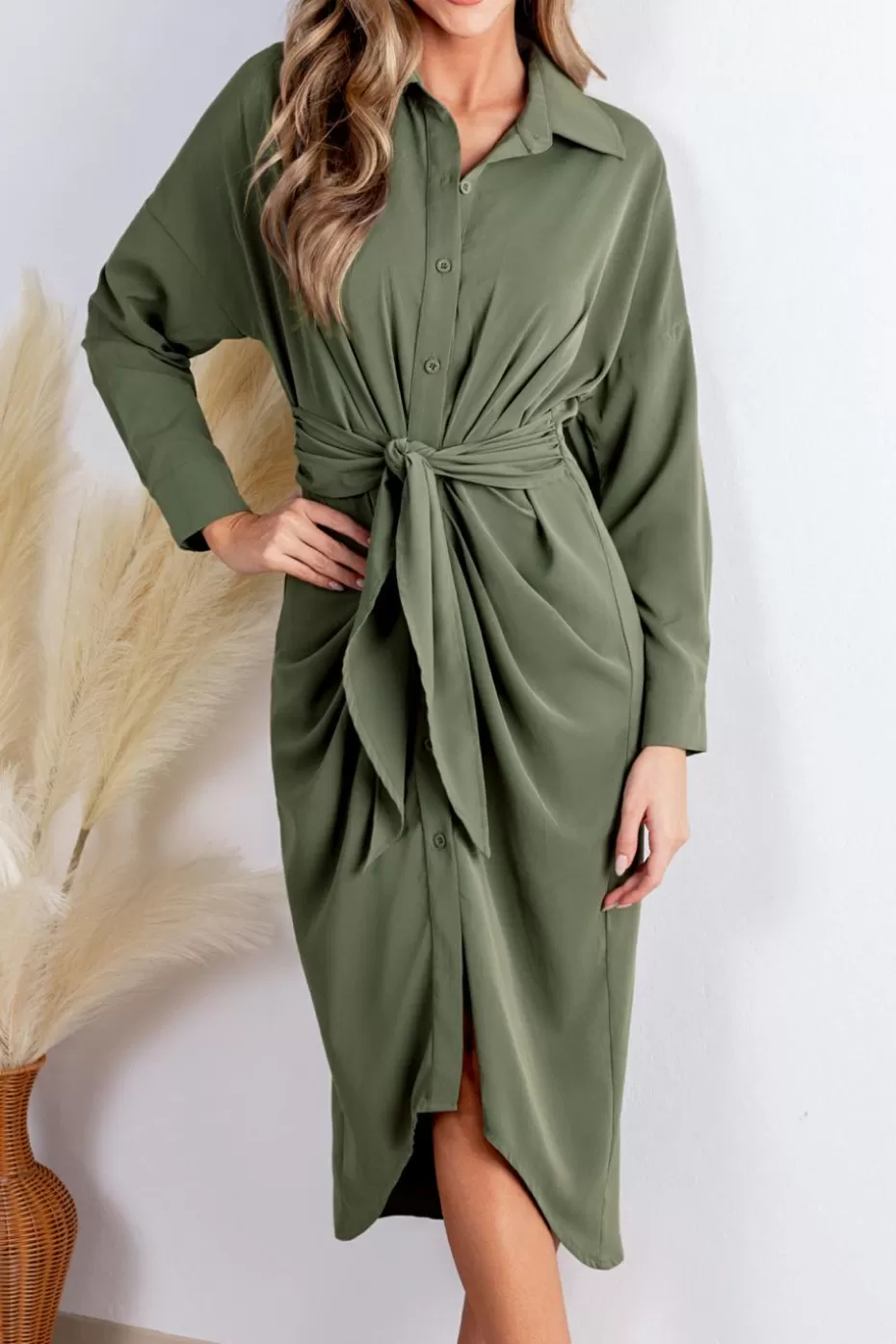 Online Cupshe Collared Front Button Midi Shirt Dress Sage