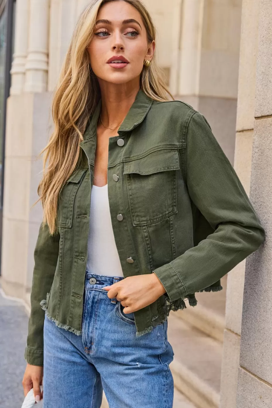 Flash Sale Cupshe Collared Long Sleeve Frayed Hem Jacket Sage