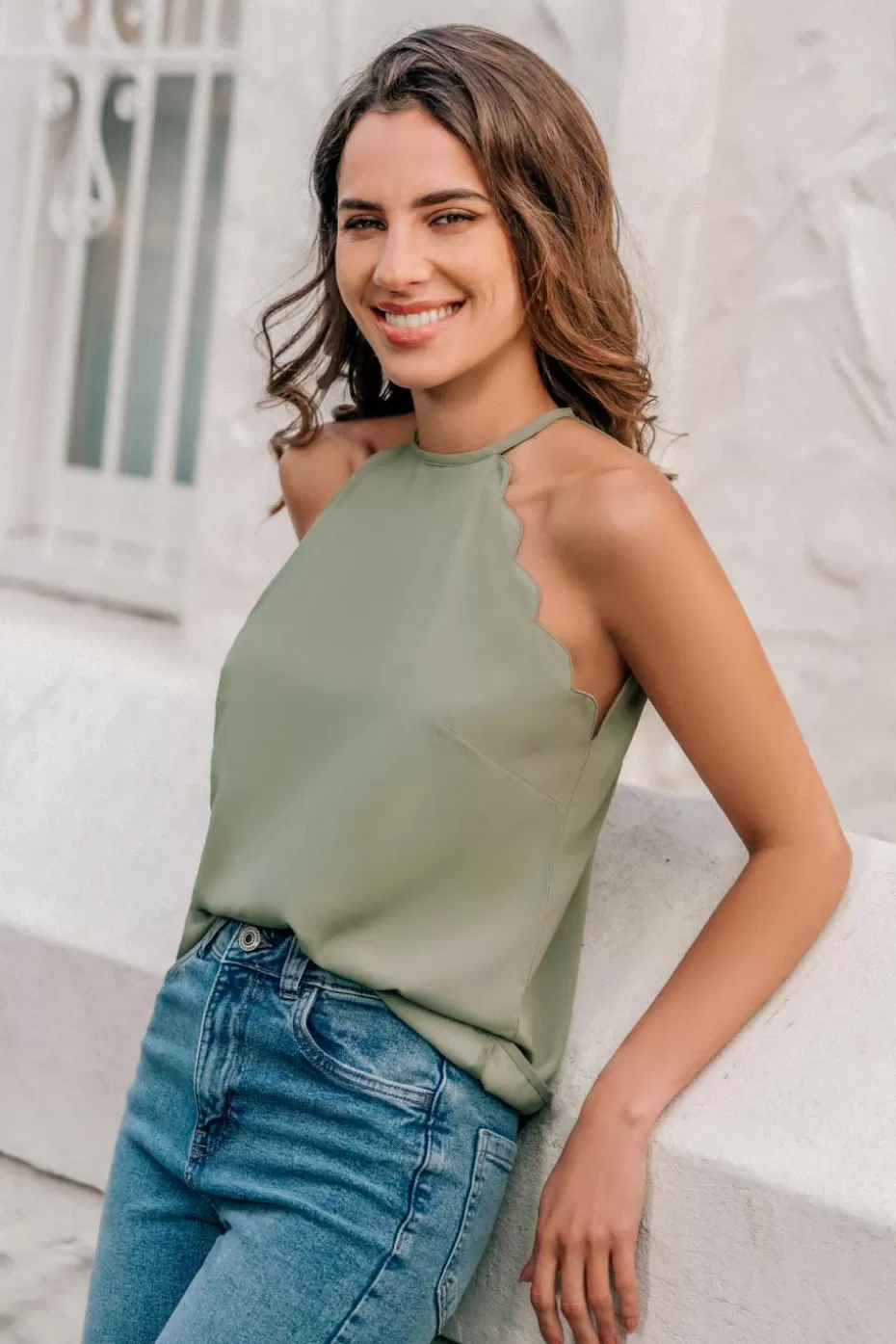 Cheap Cupshe High Neck Scalloped Tank Sage