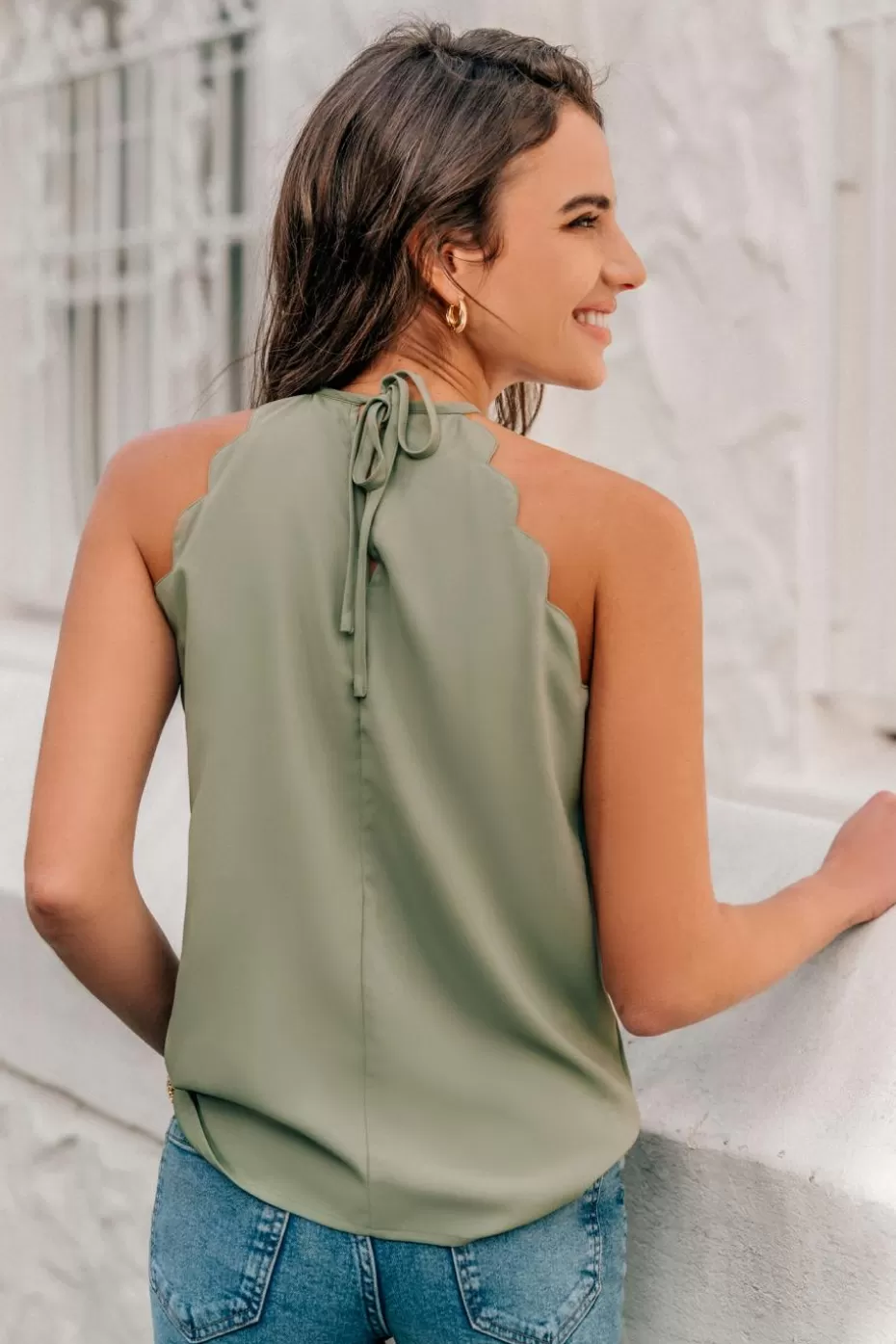 Cheap Cupshe High Neck Scalloped Tank Sage