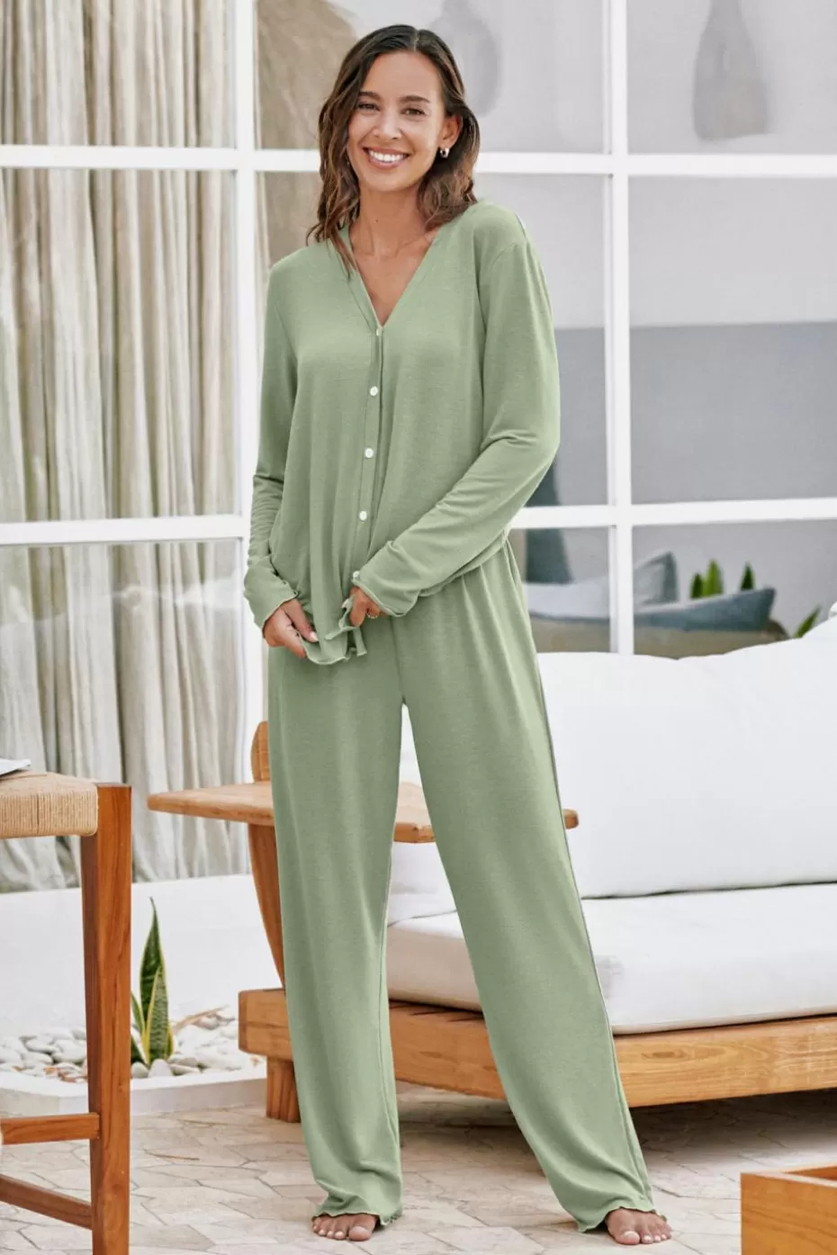 Best Cupshe Long Sleeve Jersey Top & Pants Pajama Set Sage