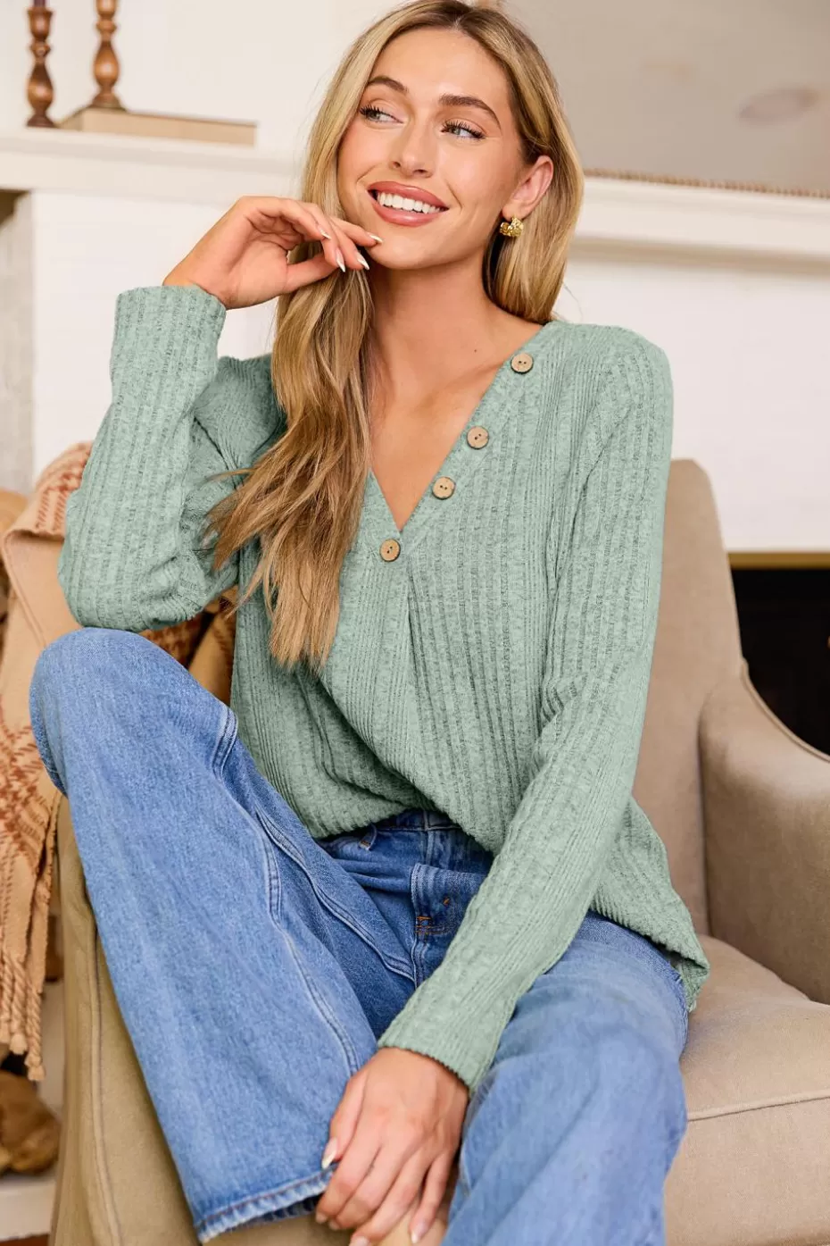 Flash Sale Cupshe Ribbed V-Neck Long Sleeve Tee Sage