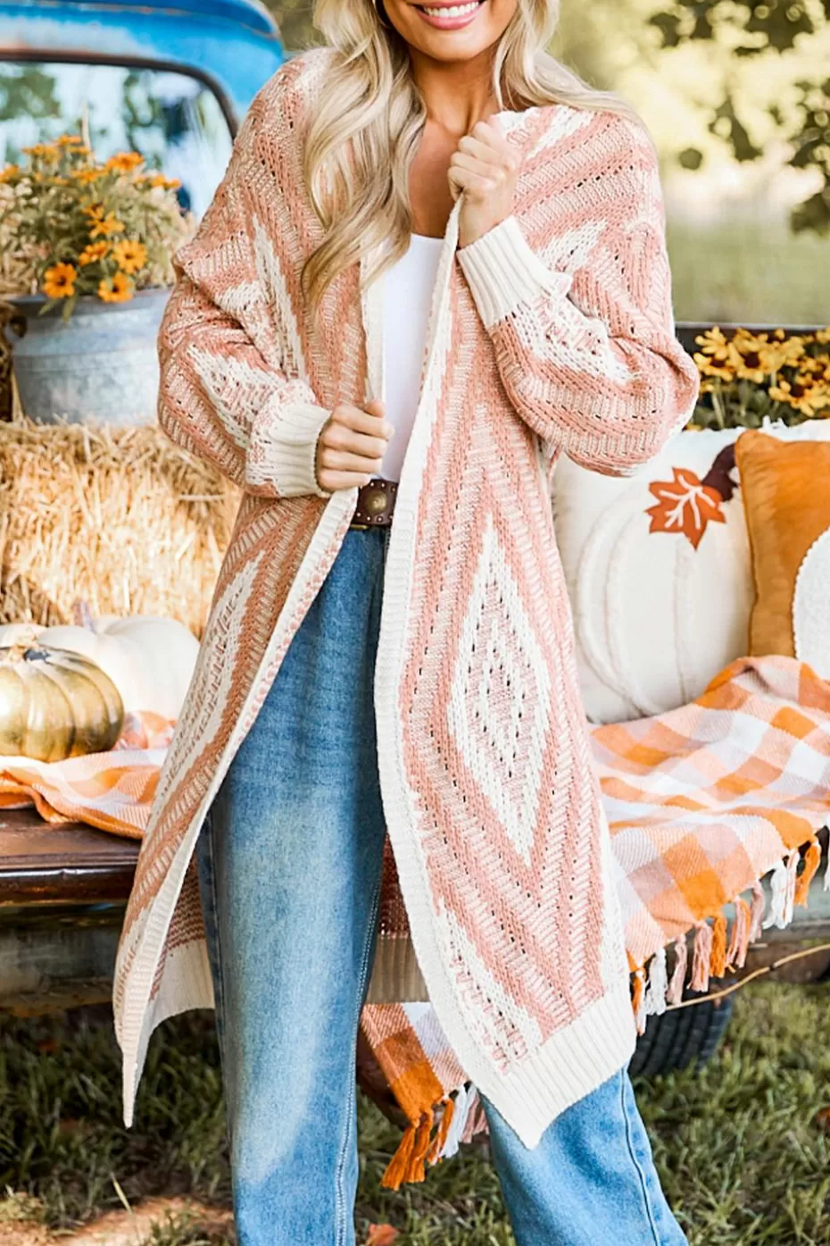 Best Cupshe Geometrical Open Front Longline Cardigan Salmon