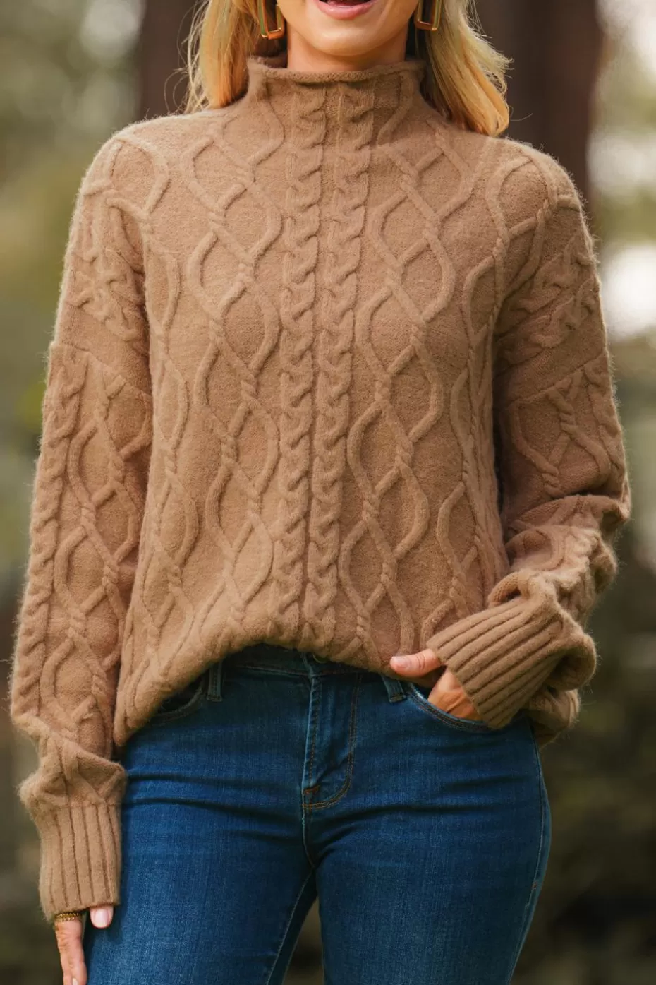 Sale Cupshe Brown Cable Knit Mockneck Sand