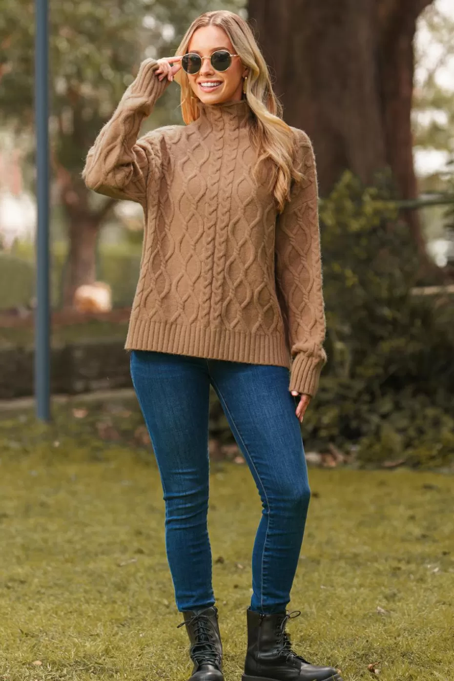 Sale Cupshe Brown Cable Knit Mockneck Sand