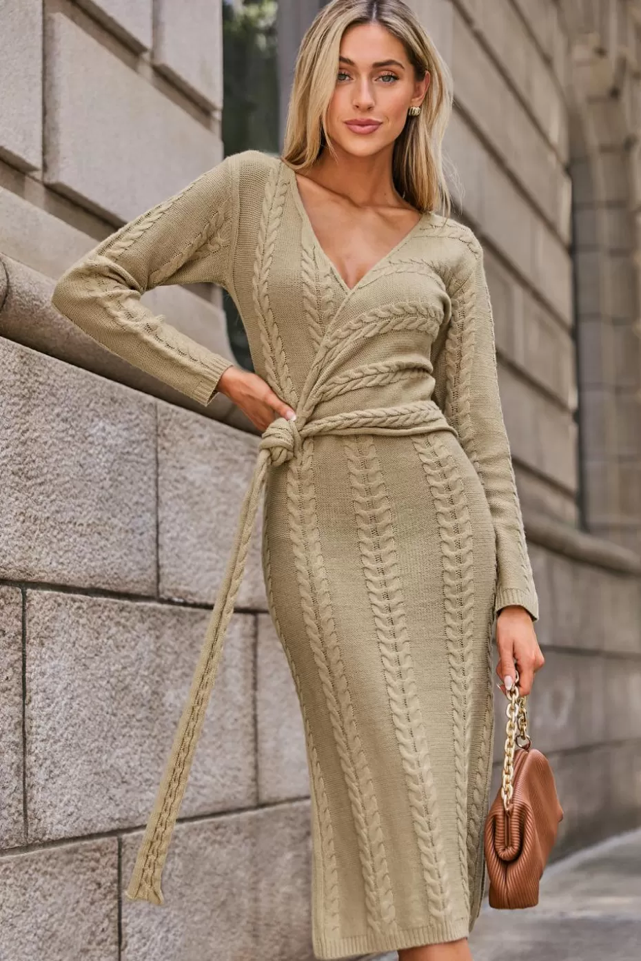 New Cupshe Surplice Side Tie Cable Knit Midi Sweater Dress Sand