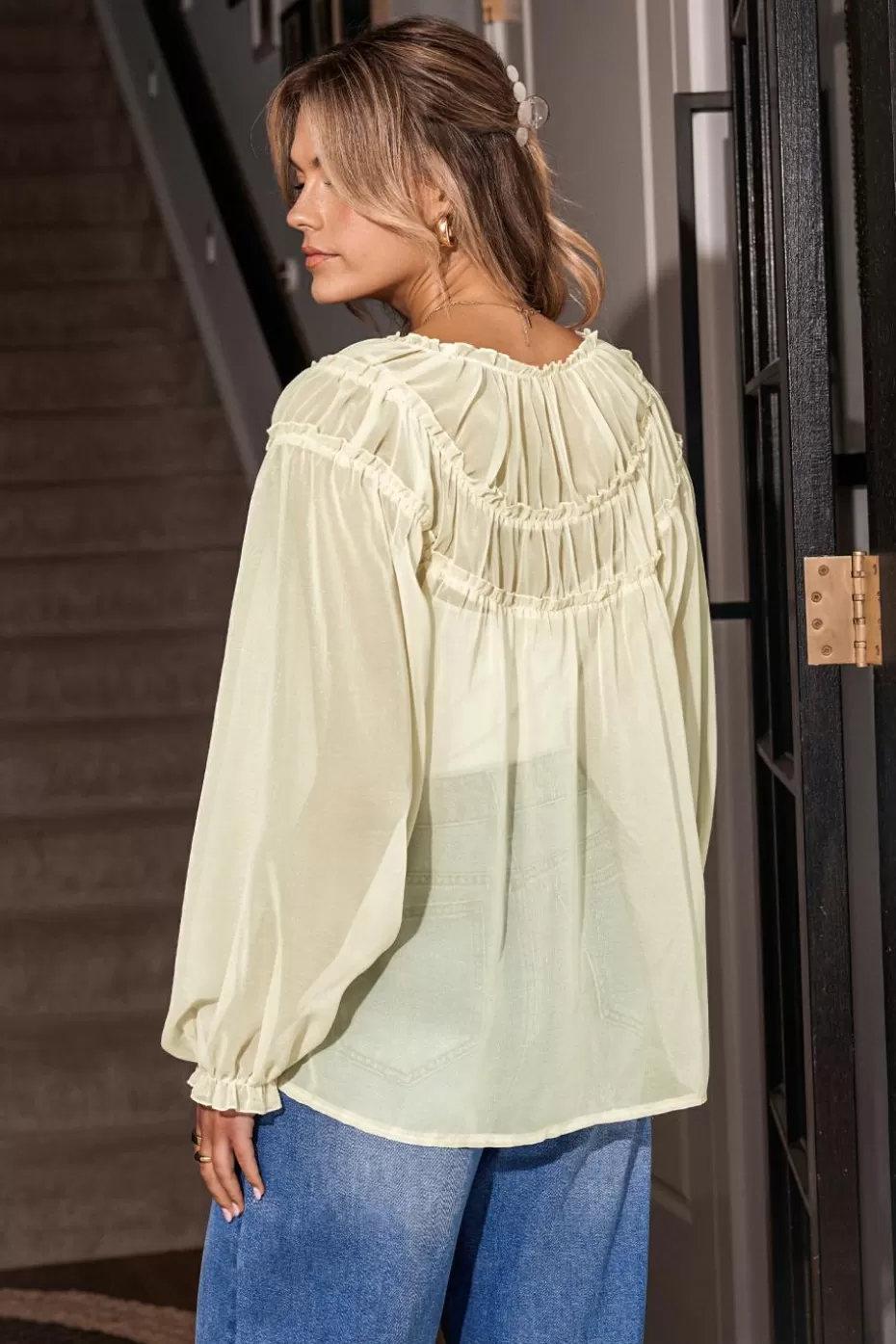 New Cupshe Sheer Split Neck Ruffled Blouse Beige