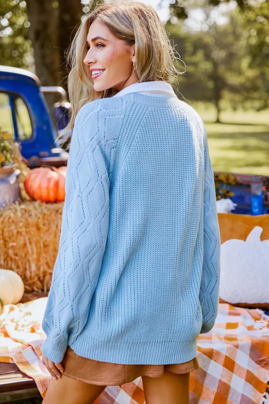 New Cupshe Blue Round Neck Long Sleeve Knit Sweater Sky