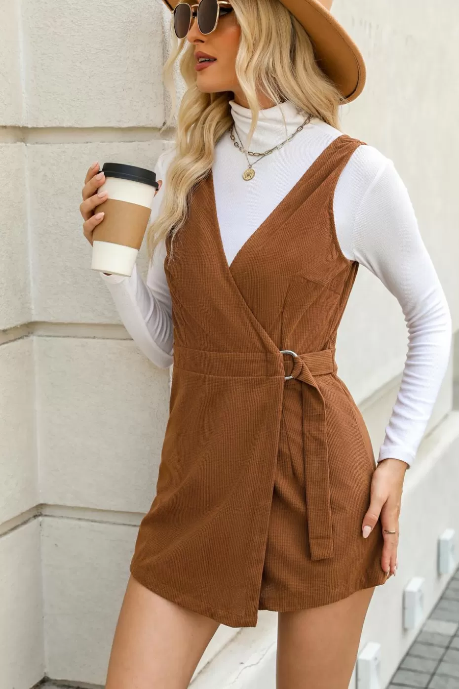 Online Cupshe Sleeveless Overlap Collar Romper Burnt Orange