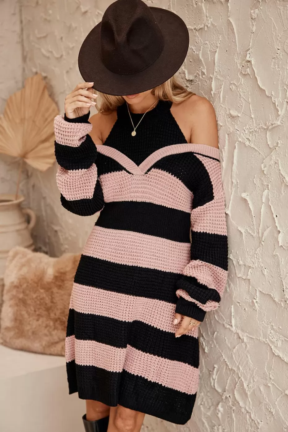 Online Cupshe Striped Open-Shoulder Mini Sweater Dress Black