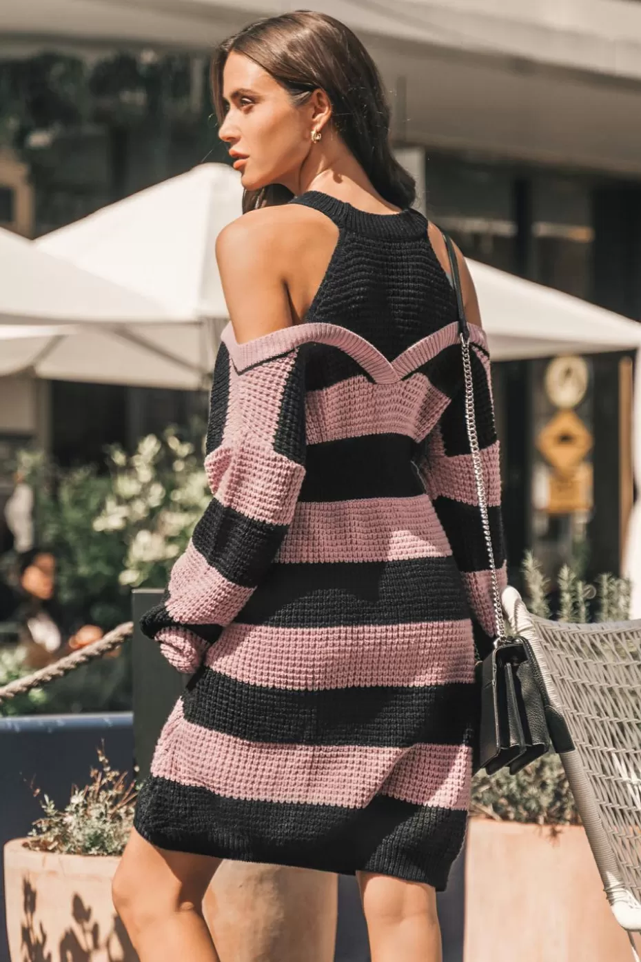 Online Cupshe Striped Open-Shoulder Mini Sweater Dress Black