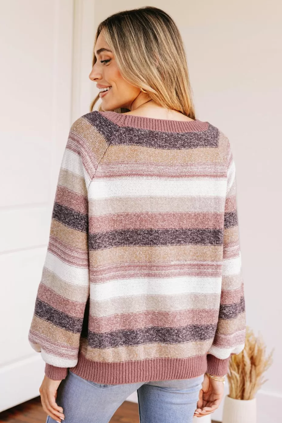 Cheap Cupshe Striped Raglan Sleeve Sweater Pink