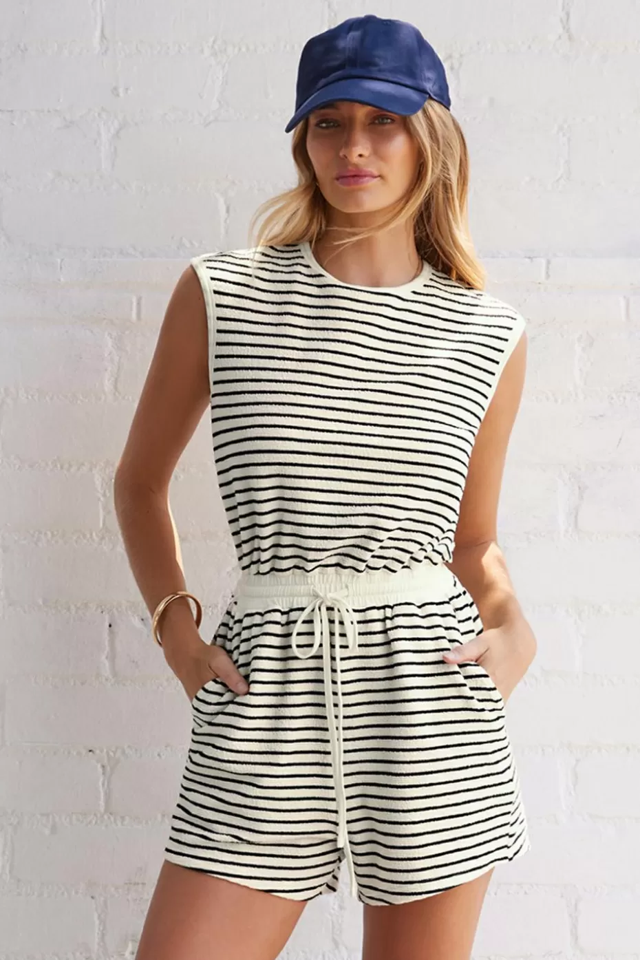 Best Cupshe Striped Round Neck Cap Sleeve Wide Leg Romper Black