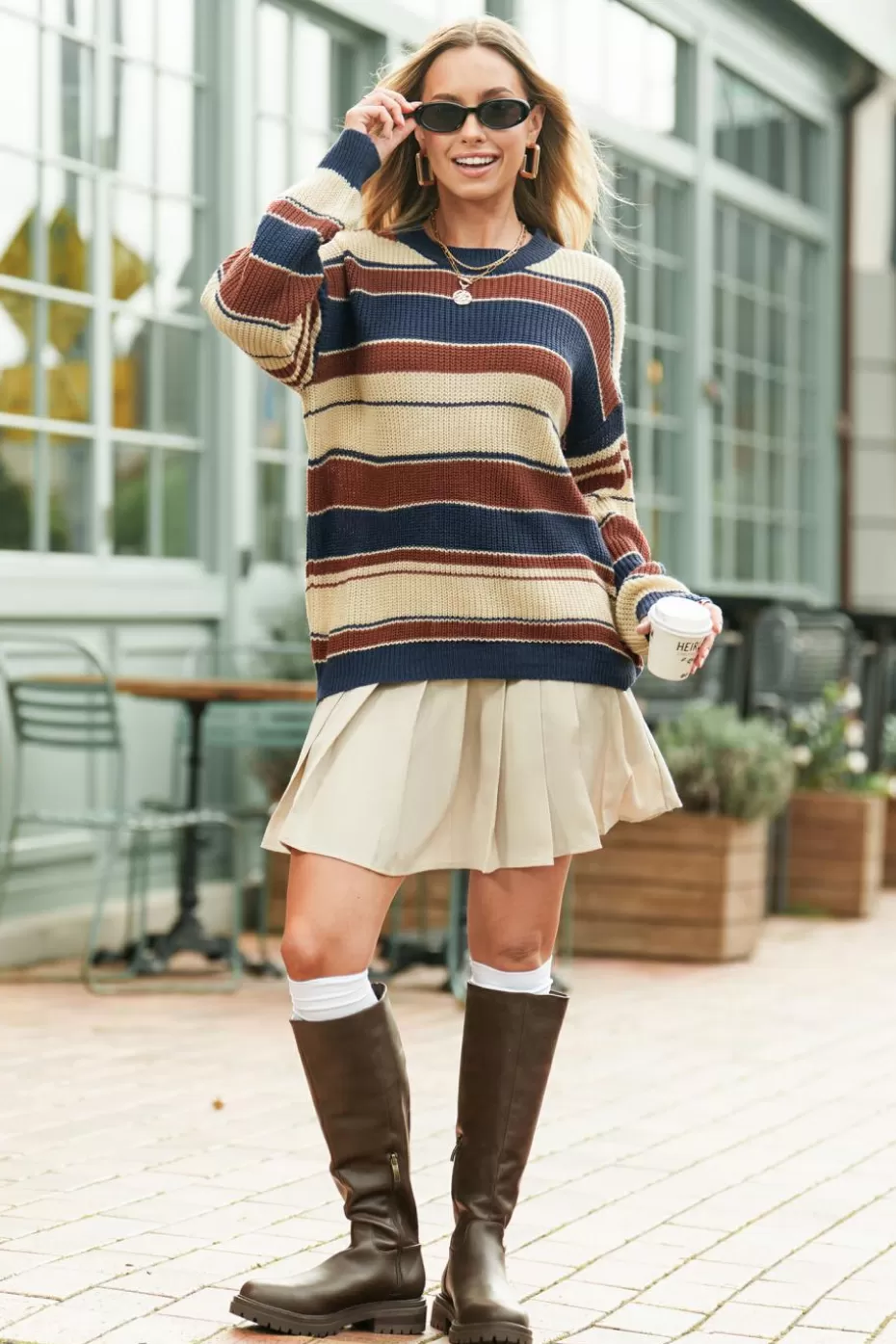 Fashion Cupshe Striped Round Neck Drop Shoulder Long Sleeve Sweater Brown