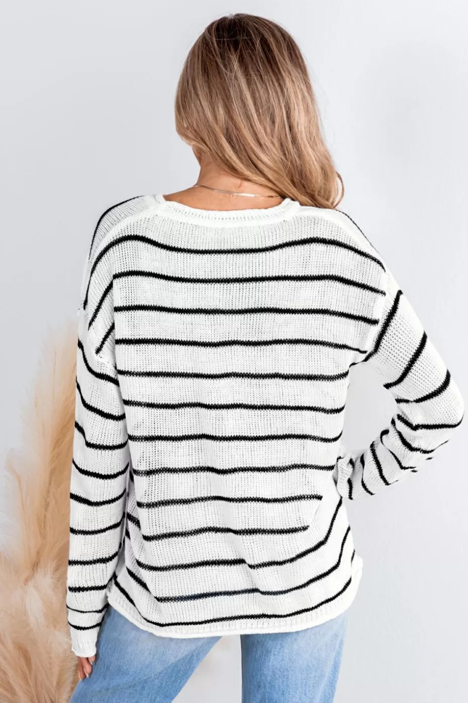 Best Cupshe Striped Round Neck Long Sleeve Knit Sweater White