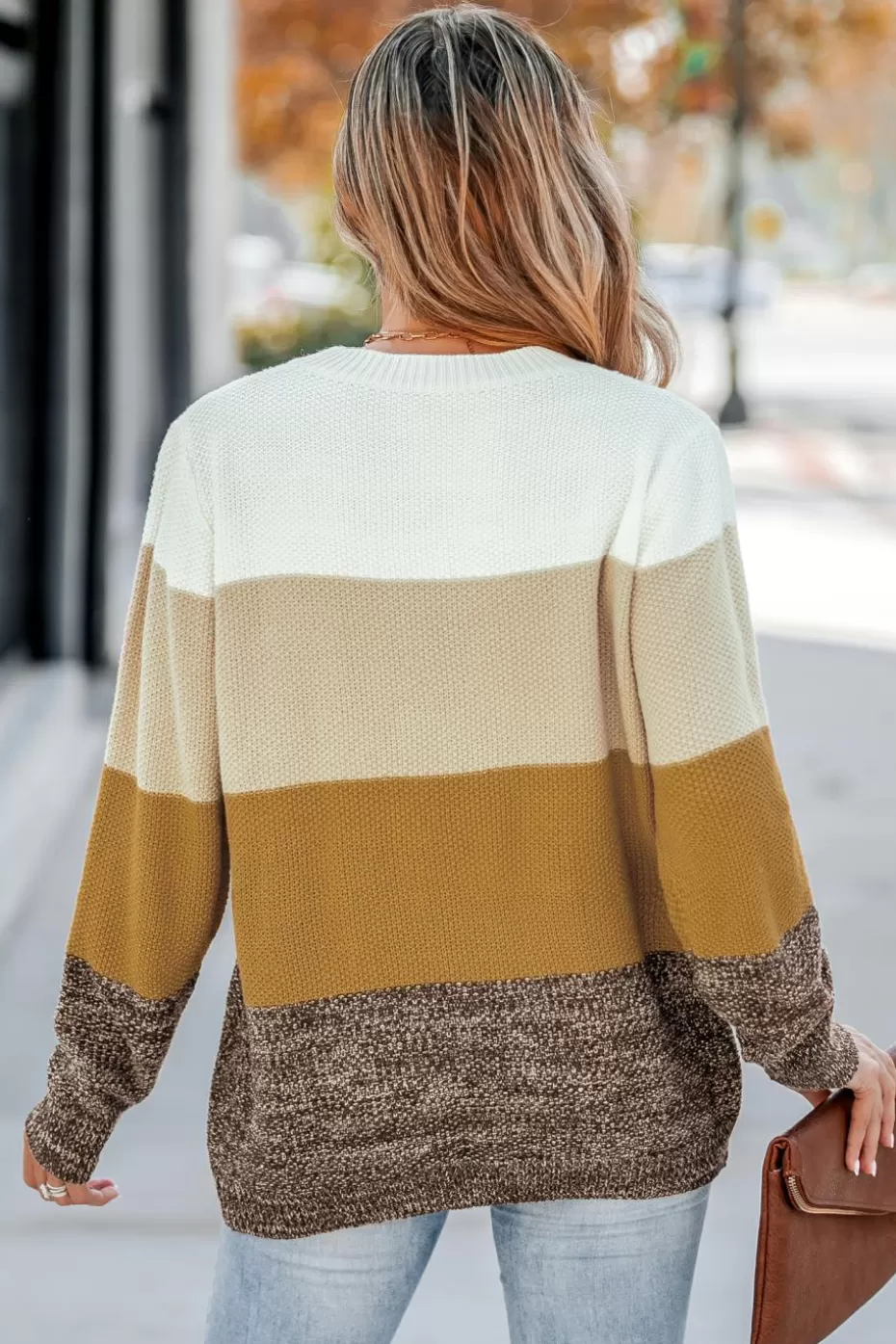 Outlet Cupshe Striped Round Neck Long Sleeve Sweater Beige