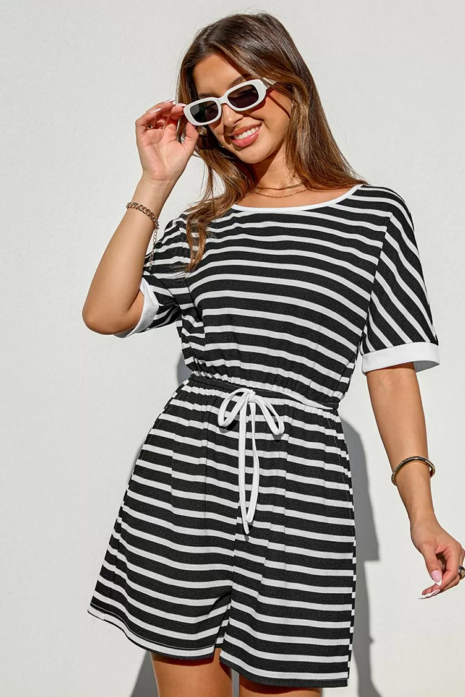 Best Sale Cupshe Striped Round Neck Pocket Romper Black