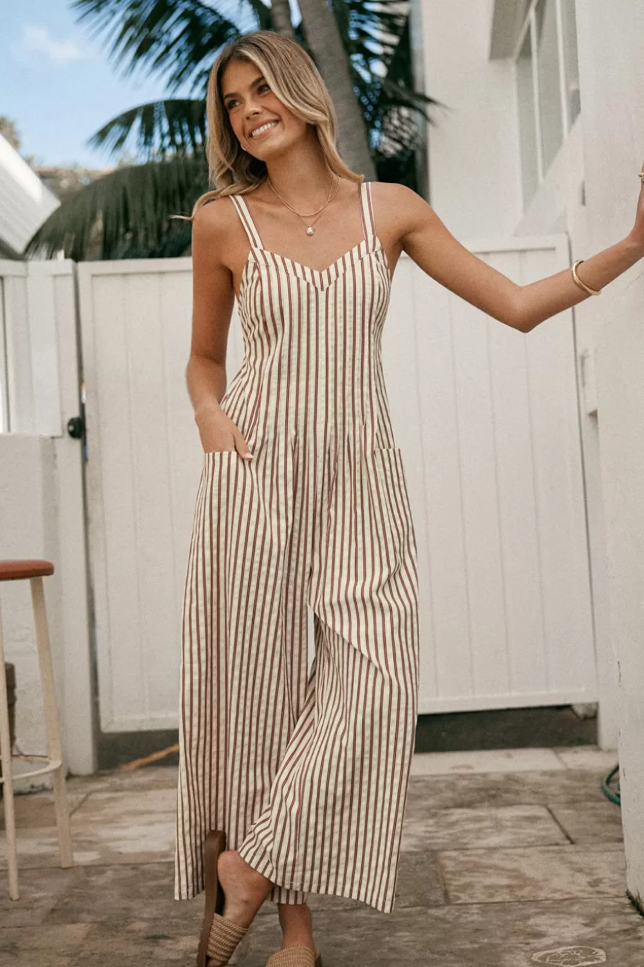 Hot Cupshe Striped Sleeveless V-Neck Wide Leg Jumpsuit Brick