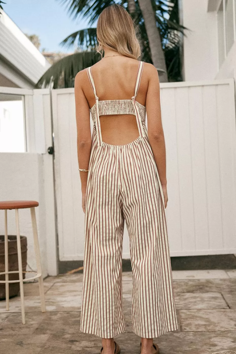 Hot Cupshe Striped Sleeveless V-Neck Wide Leg Jumpsuit Brick