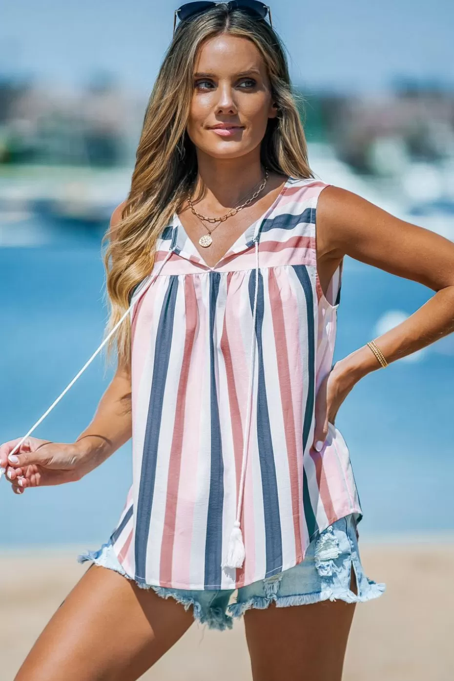 Store Cupshe Striped Tassel Tie Top Pink