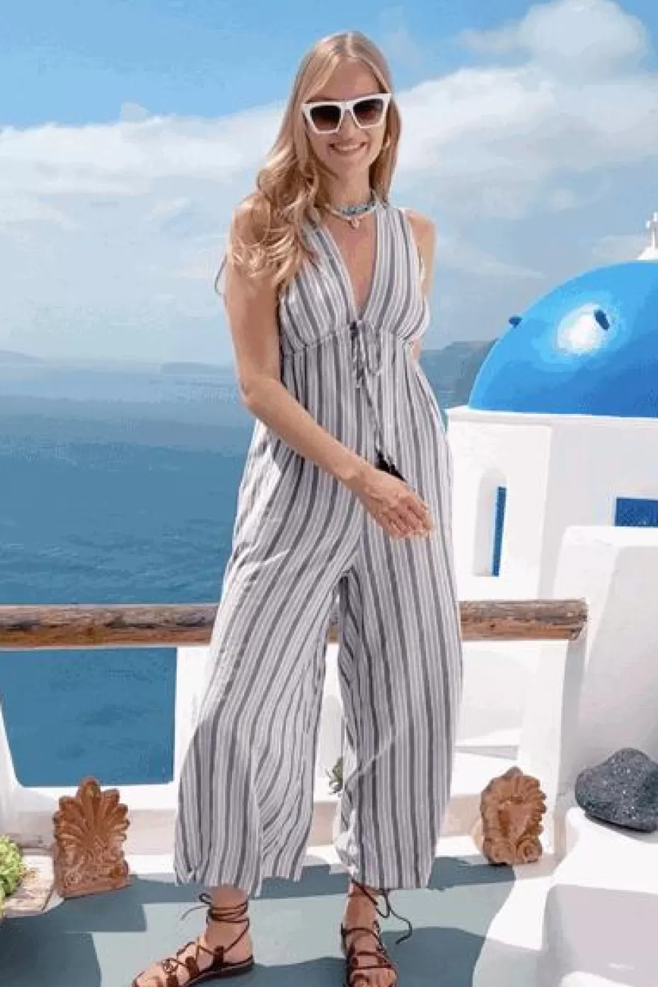 Hot Cupshe Striped Tassel Wide Leg Jumpsuit Dark Grey/Charcoal/Gunmetal