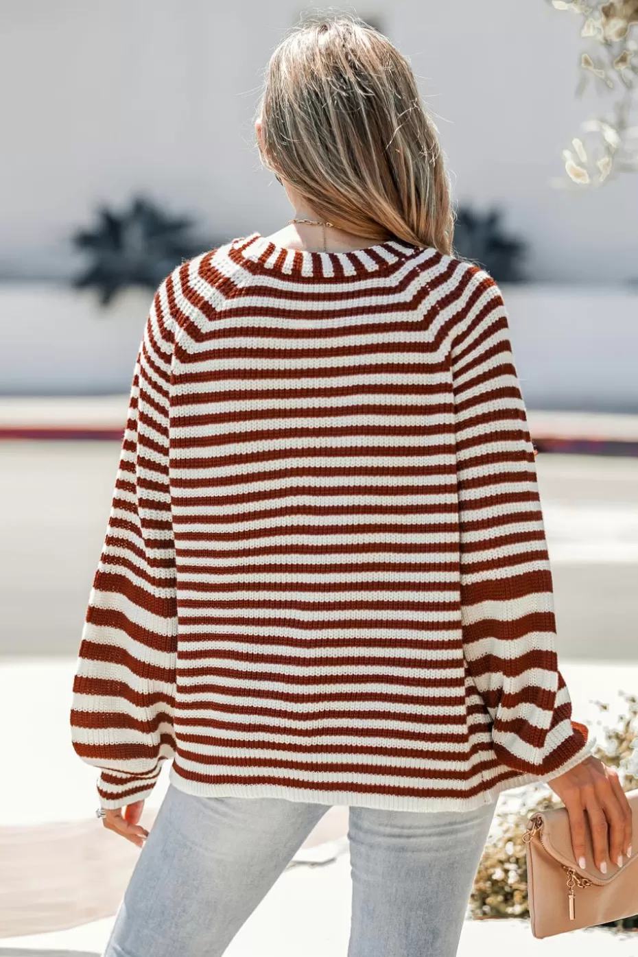 Discount Cupshe Striped V-Neck Buttoned Cardigan Brown