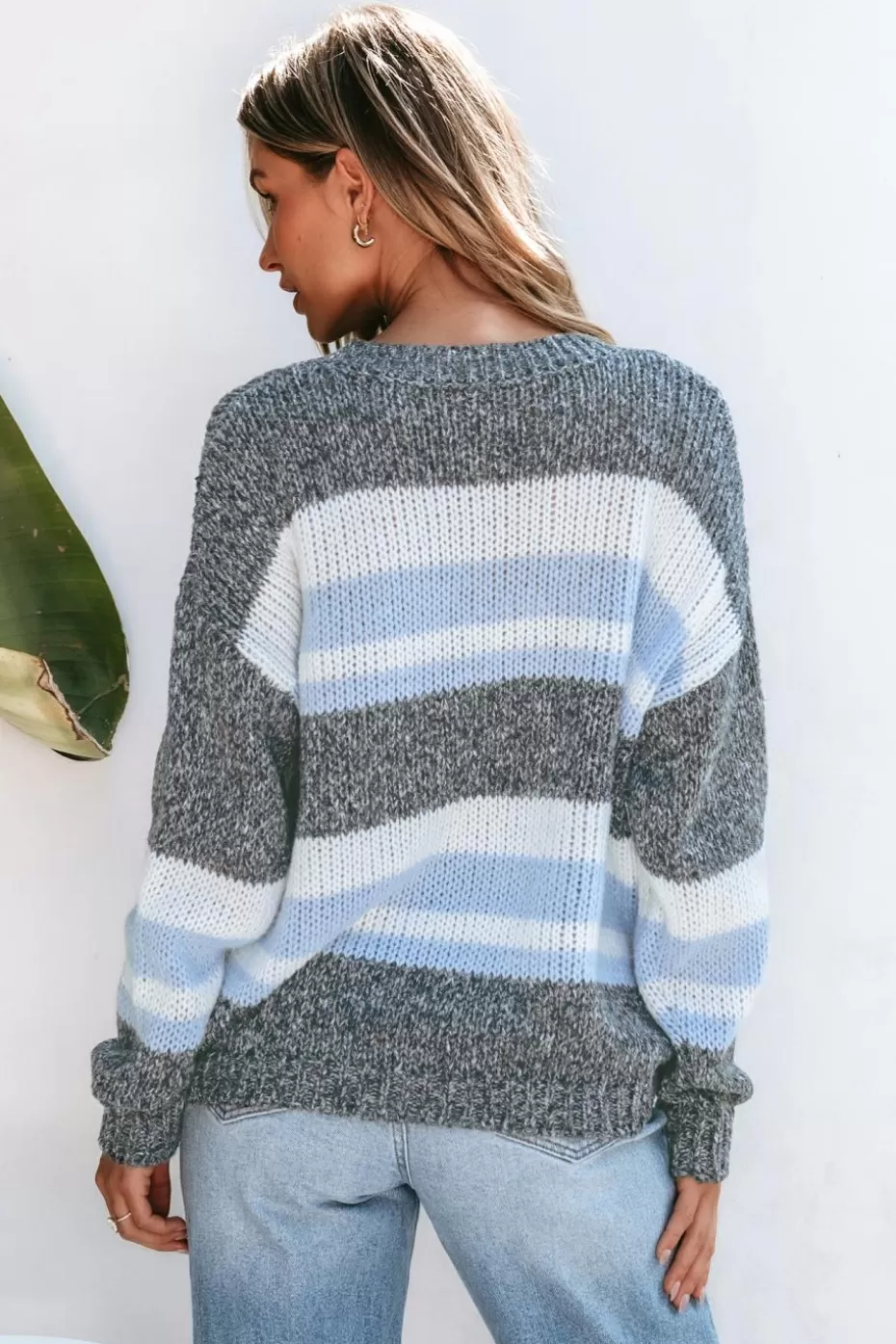 Best Cupshe Striped V-Neck Drop Shoulder Long Sleeve Sweater Dark Grey/Charcoal/Gunmetal