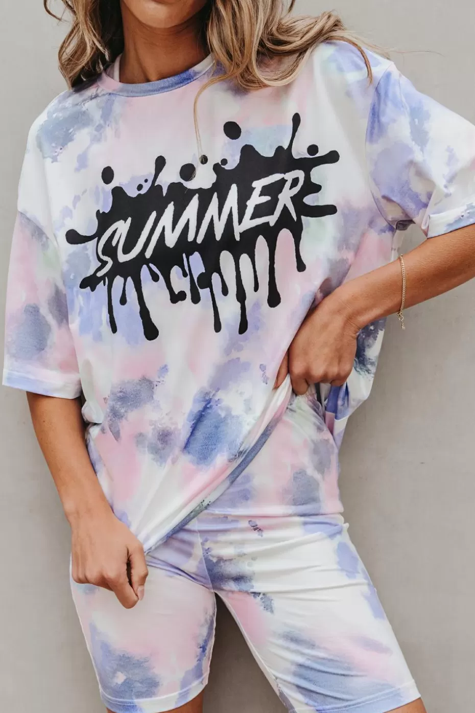 Best Sale Cupshe Summer Graphic Tie Dye Tee & Biker Shorts Set Pink