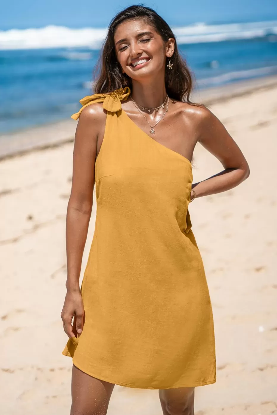 New Cupshe Sunflower One-Shoulder Mini Dress Yellow