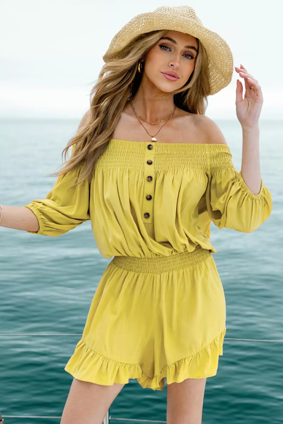 Best Cupshe Sunflower Smocked Off-Shoulder Romper Yellow