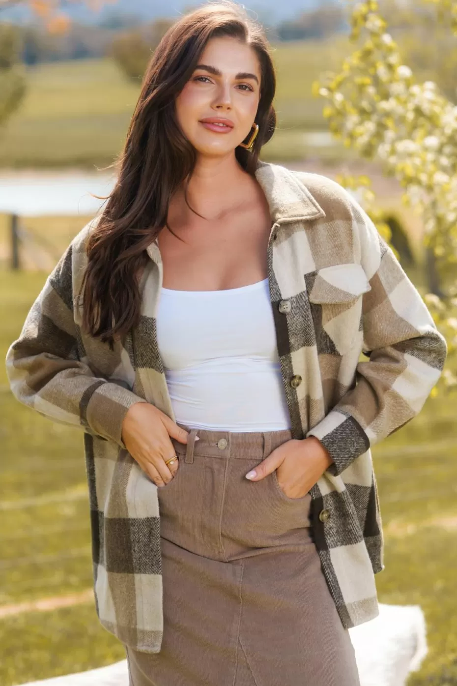 Fashion Cupshe Plaid Collared Button Up Shacket Tan