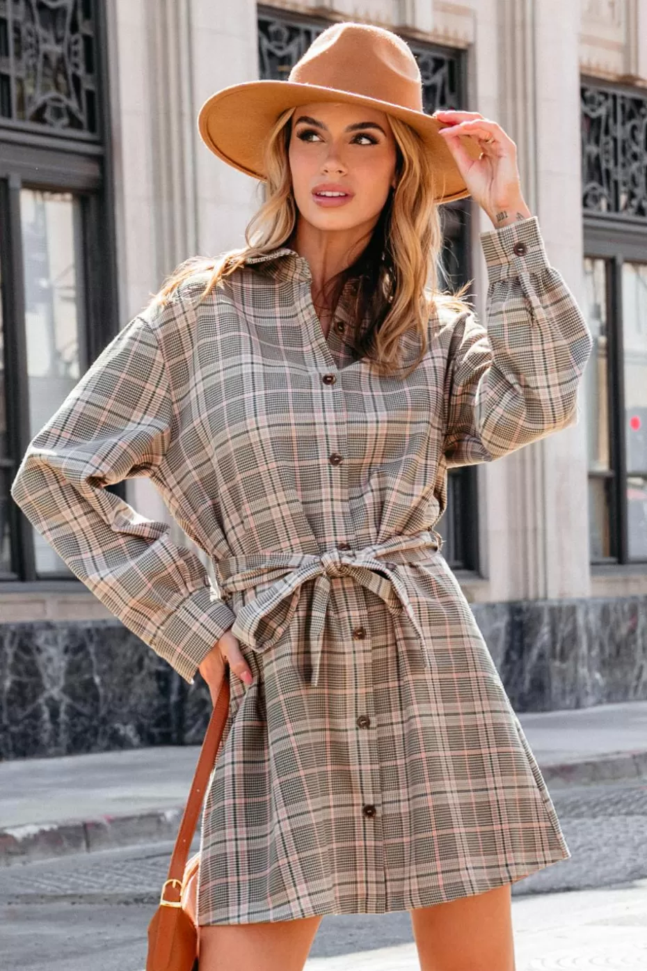 Best Sale Cupshe Plaid Collared Long Sleeve Mini Shirt Dress Taupe