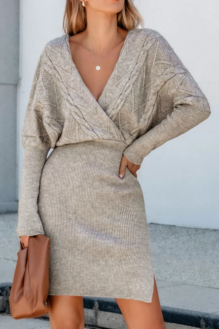 Online Cupshe Surplice Long Sleeve Midi Sweater Dress Taupe