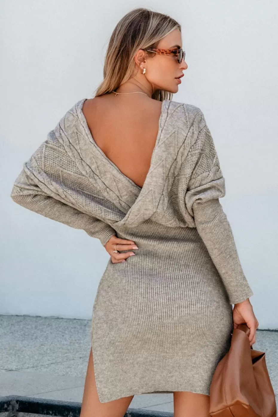 Online Cupshe Surplice Long Sleeve Midi Sweater Dress Taupe