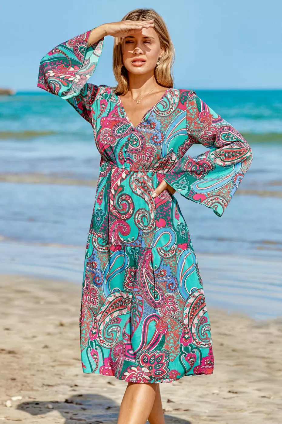 Hot Cupshe Teal Bell Sleeve Paisley Midi Dress Red