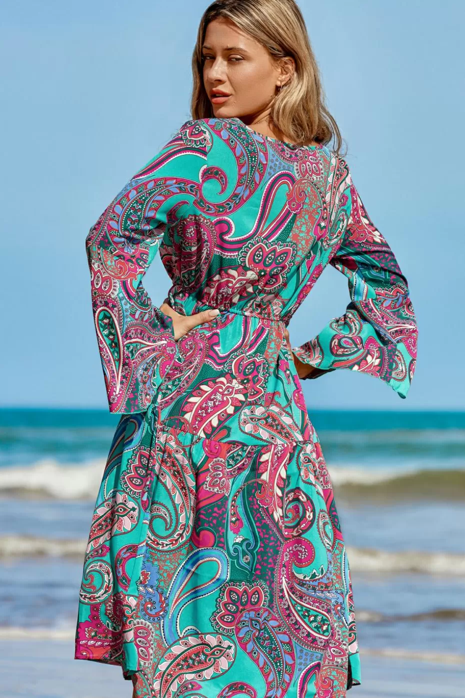 Hot Cupshe Teal Bell Sleeve Paisley Midi Dress Red