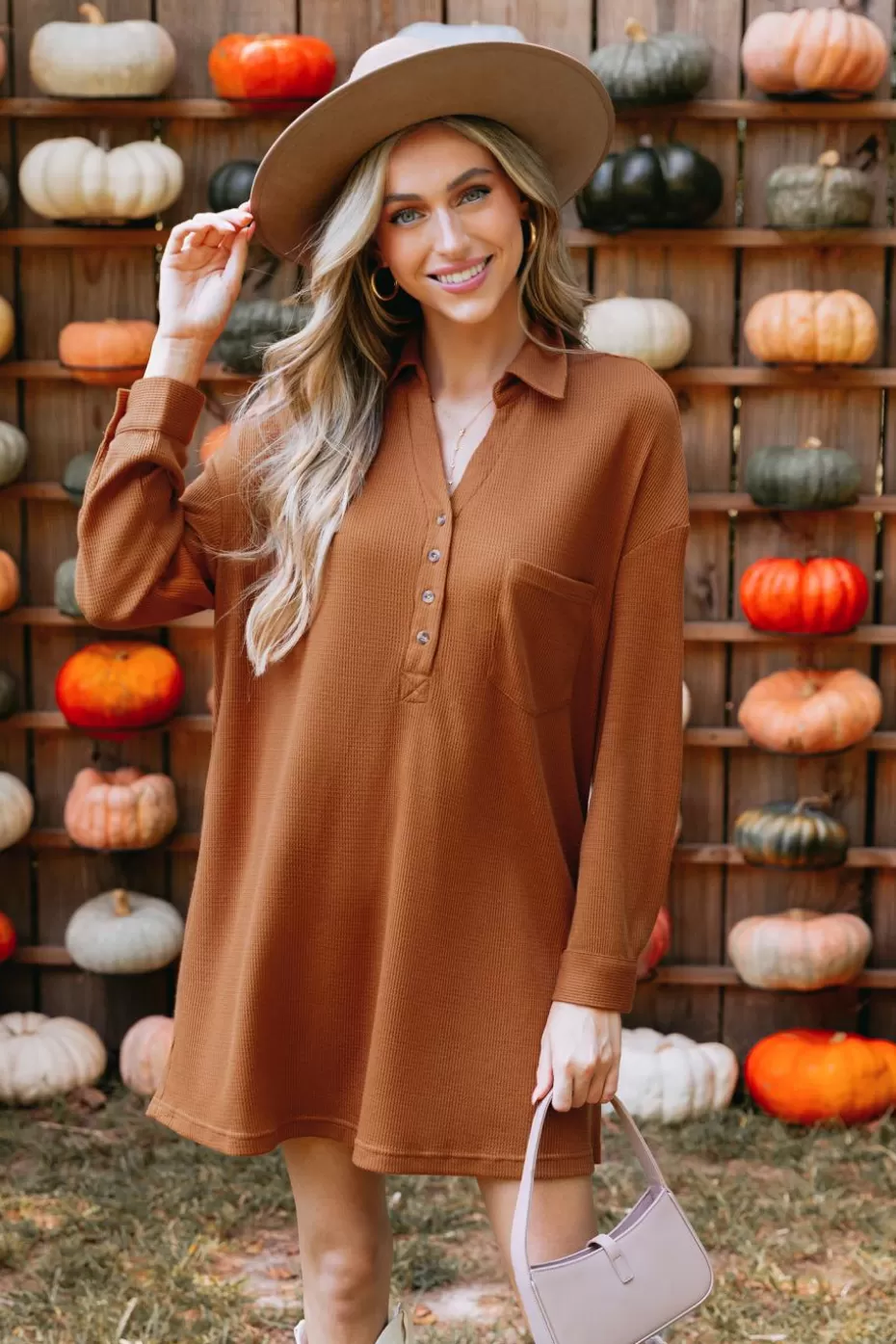 Fashion Cupshe Terra Cotta Waffle Knit Mini T-Shirt Dress Brown