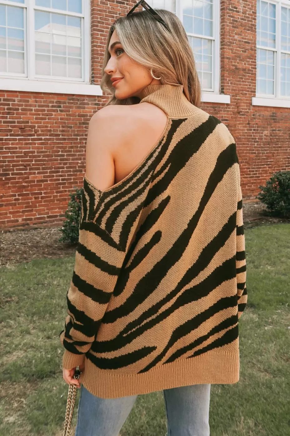 Best Sale Cupshe Tiger Striped Open-Shoulder Sweater Brown