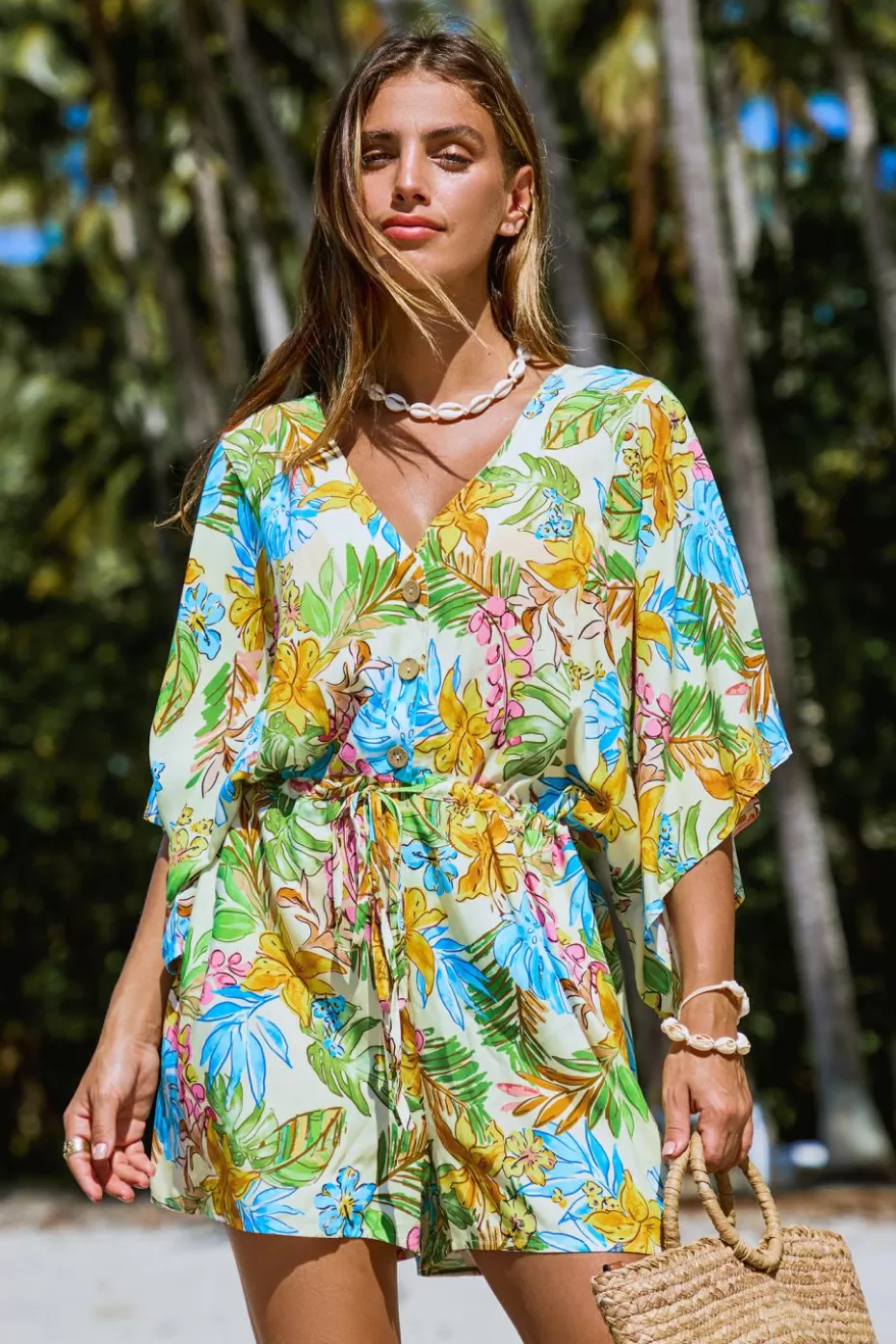 Shop Cupshe Tropical Floral Dolman Sleeve Loose Leg Romper Light Yellow