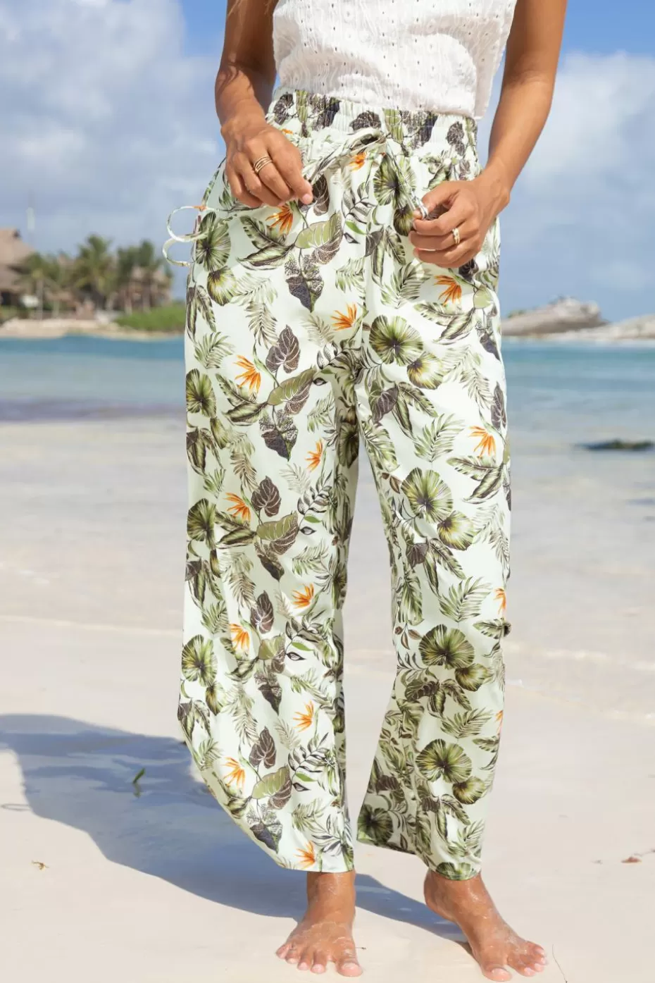 Flash Sale Cupshe Tropical Smocked Waist Wide Leg Pants Neutral