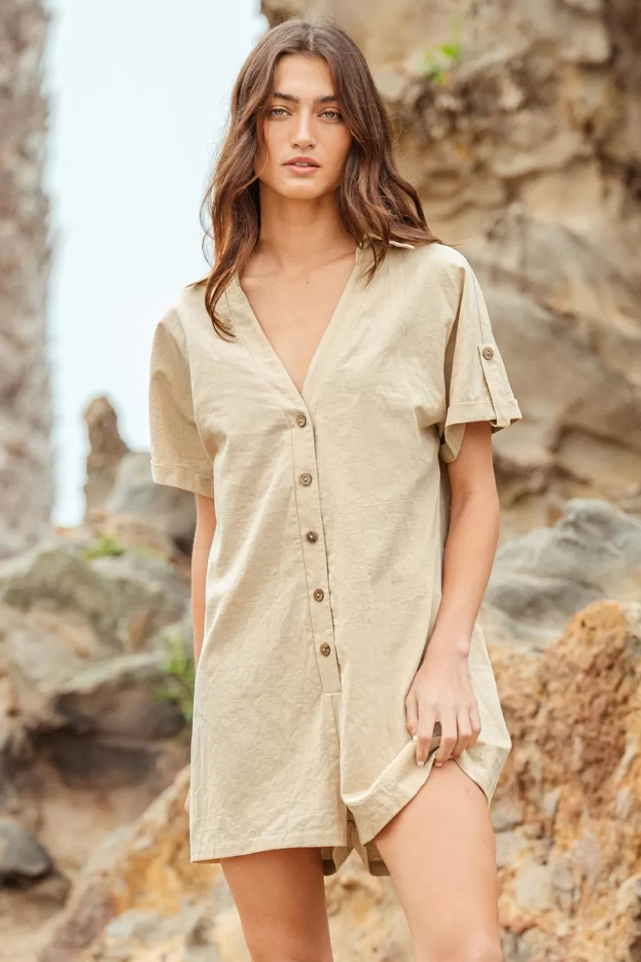 Online Cupshe V-Neck Button-Up Romper Sand