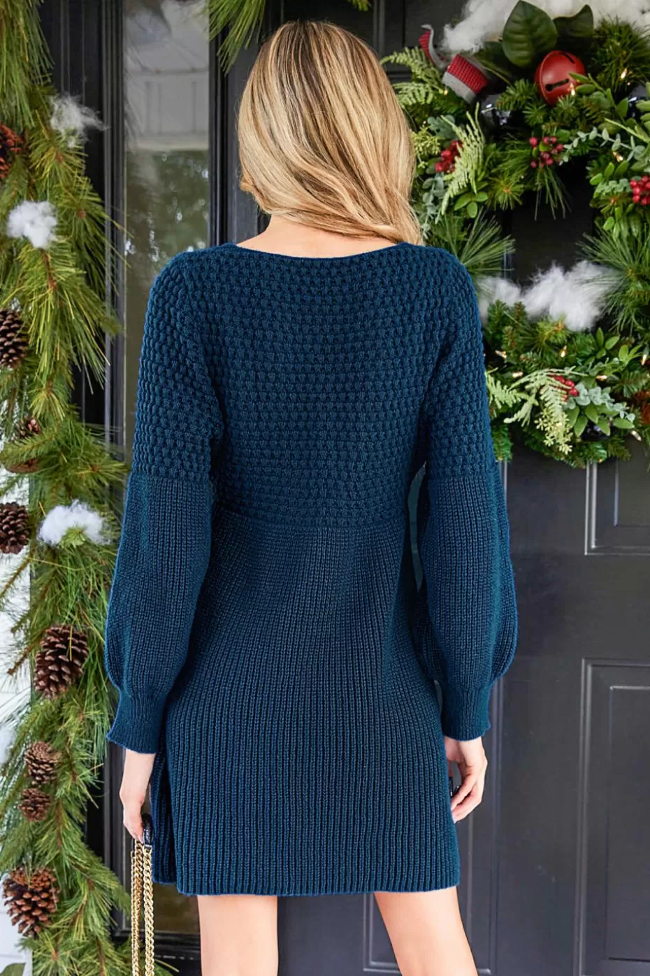 Online Cupshe V-Neck Crochet Gigot Sleeve Sweater Dress Blue