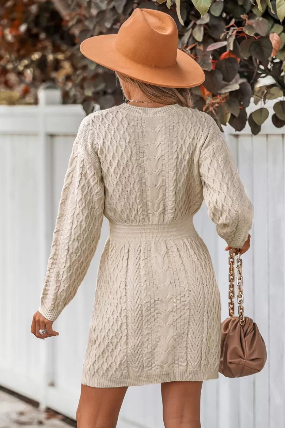 New Cupshe V-Neck Ribbed Cable Knit Sweater Dress Light Brown