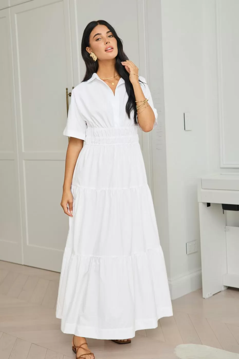 Sale Cupshe Collared Smocked Waist Maxi Dress White