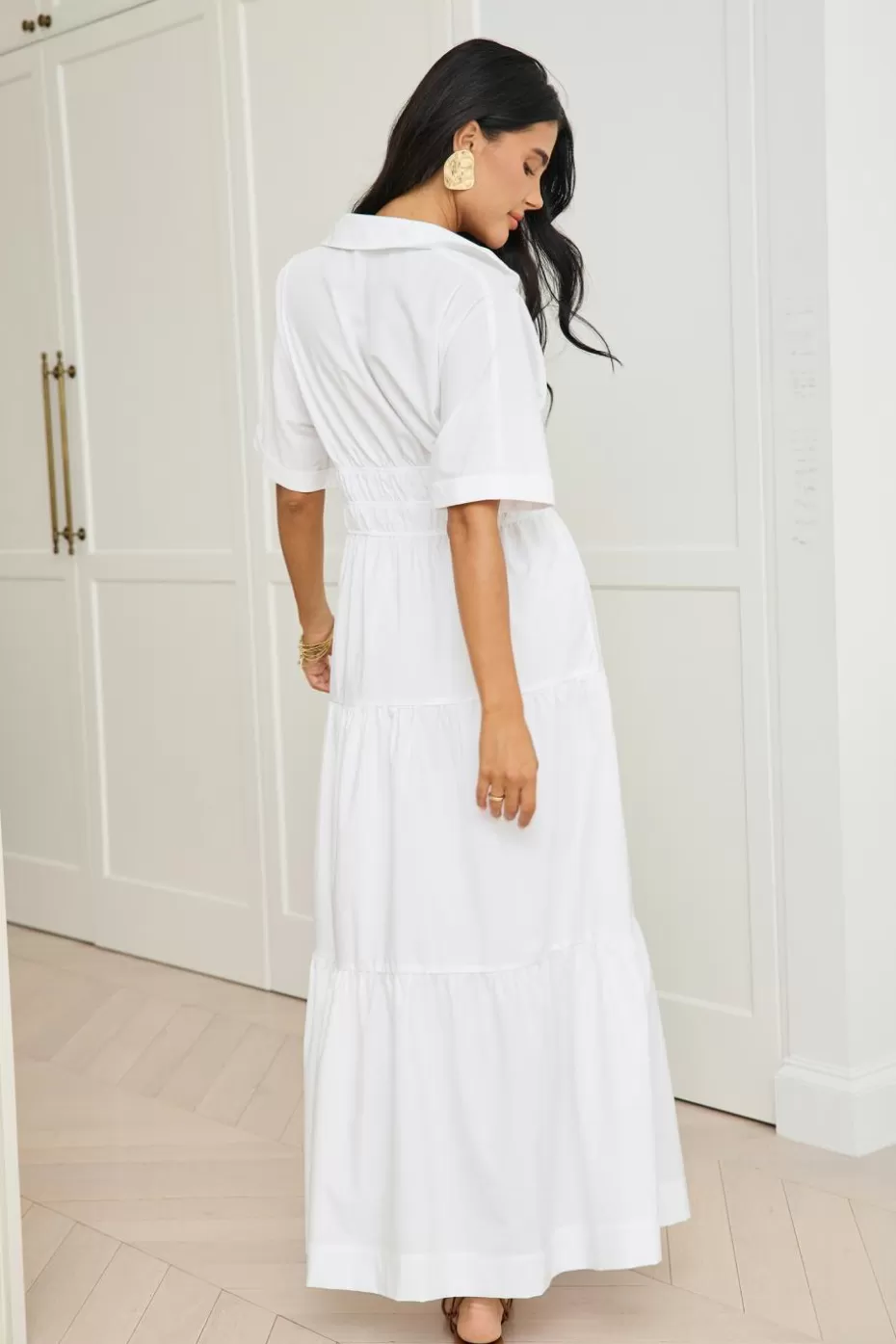 Sale Cupshe Collared Smocked Waist Maxi Dress White