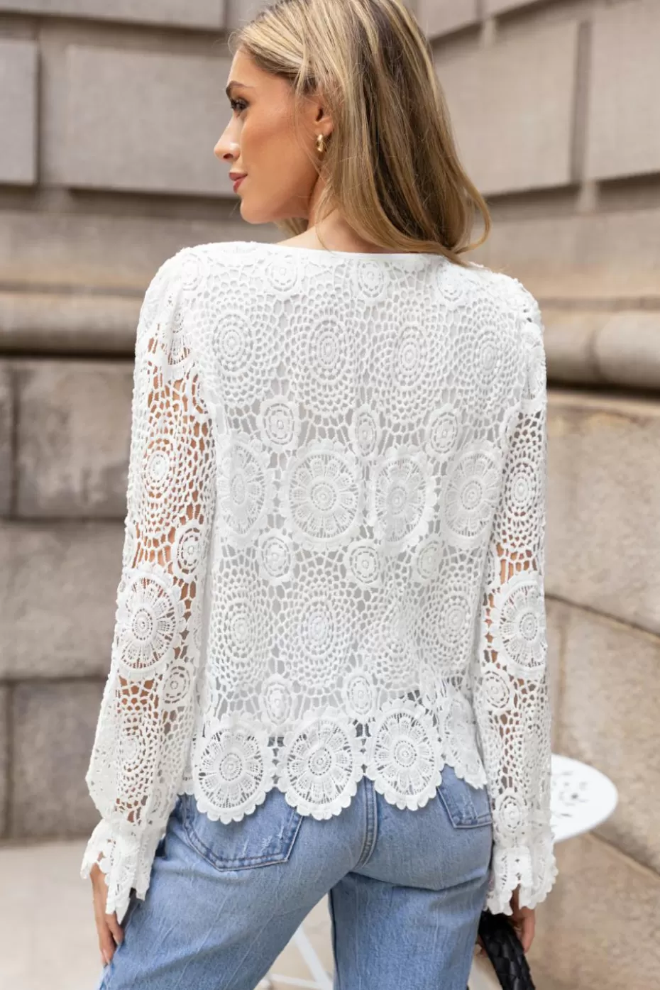 Best Cupshe Doily Lace Long Sleeve Ruffle Cuff Blouse White