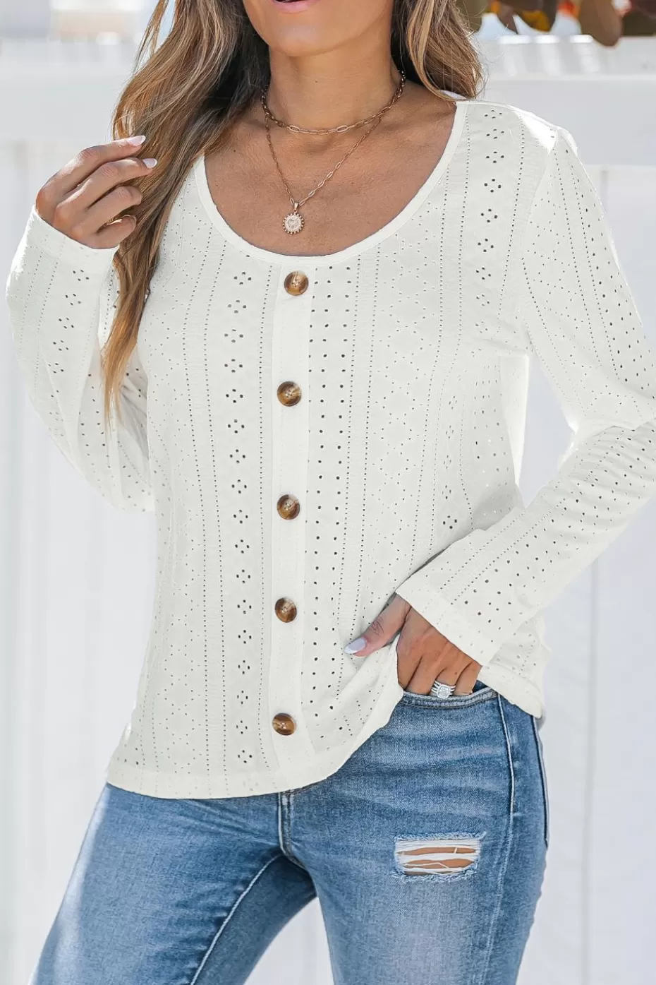 Best Cupshe Eyelet Jersey Scoop Neck Long Sleeve Top White