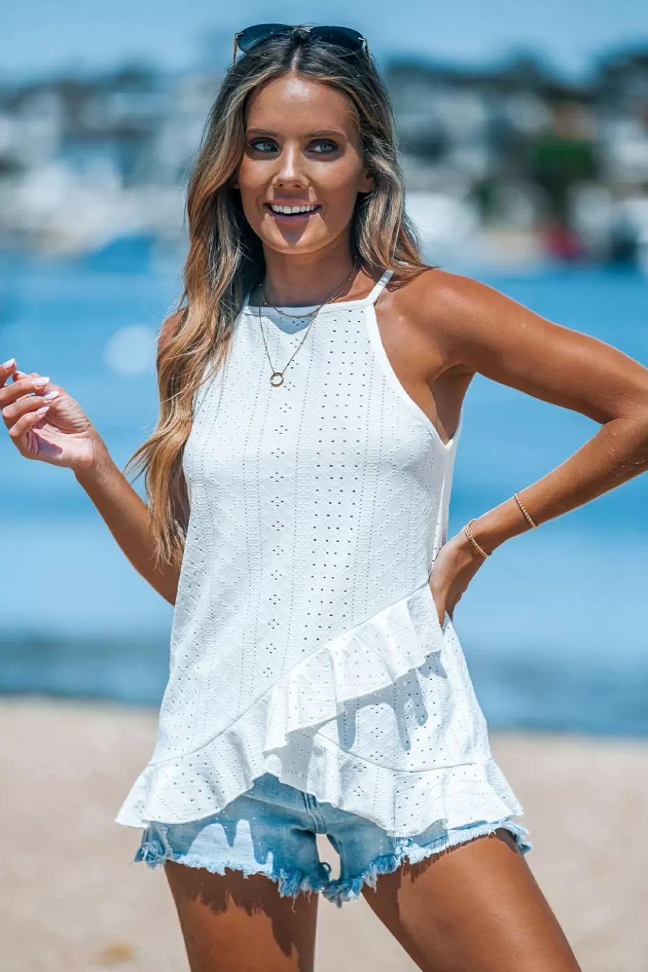 Shop Cupshe Eyelet Jersey Square Neck Ruffle Tank White